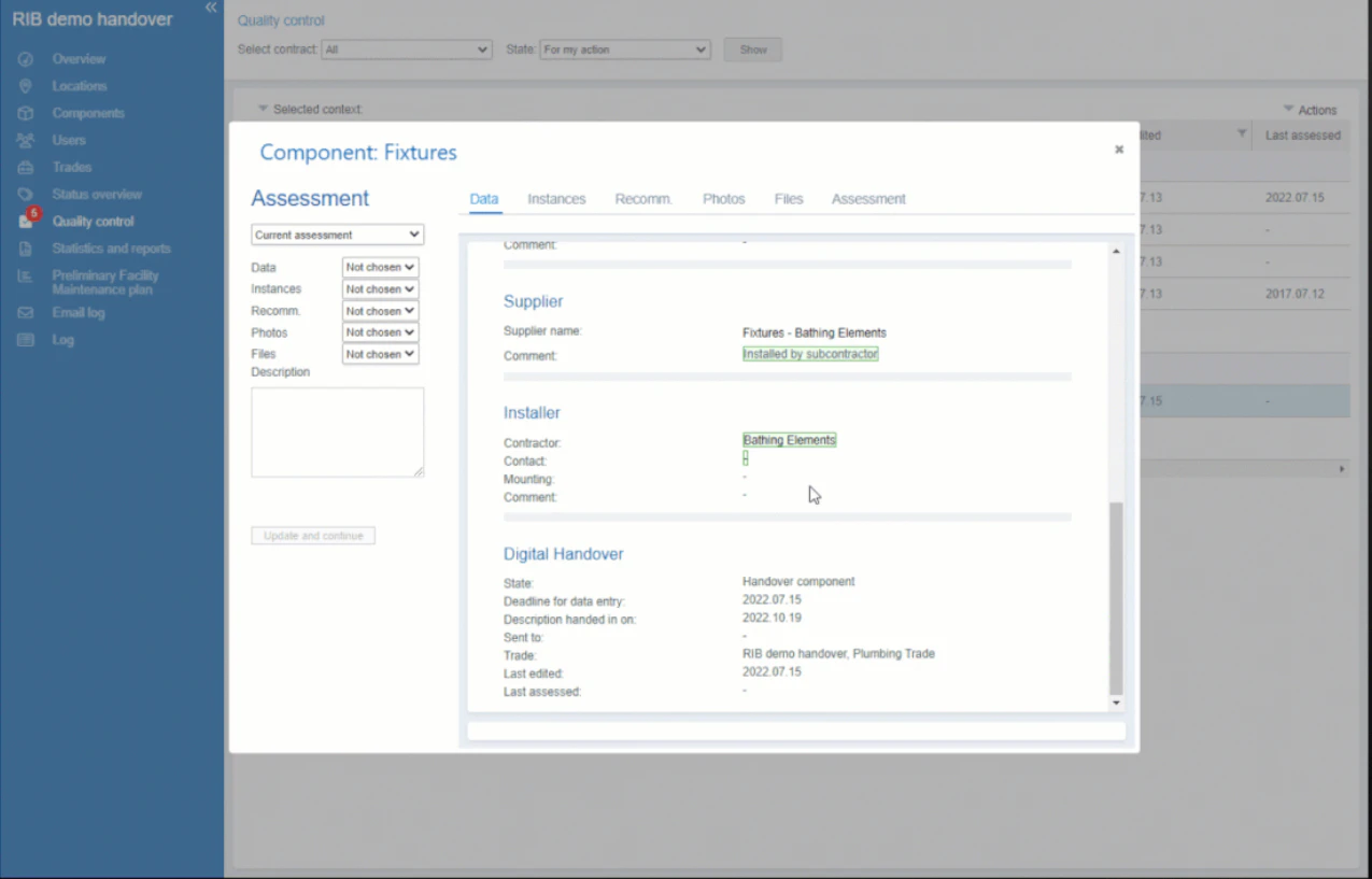 screenshot of RIB Digital Handover